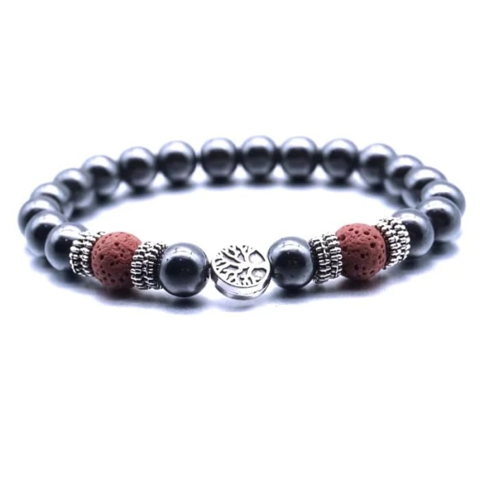 Red Tree of Life Lava Stone Metal Bracelet