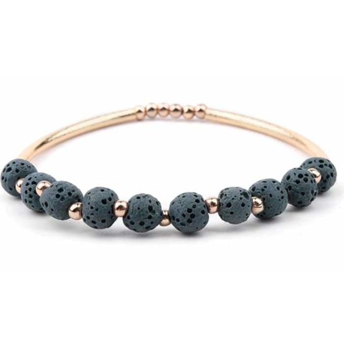 Lava Stone Essential Oil Bracelet - Dark Green Lava Stone and Gold