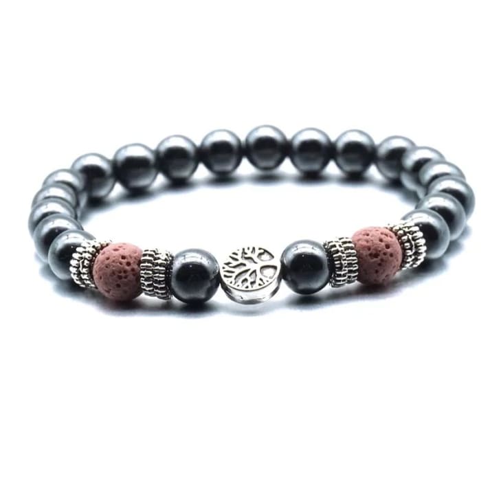 Pink Tree of Life Lava Stone Metal Bracelet