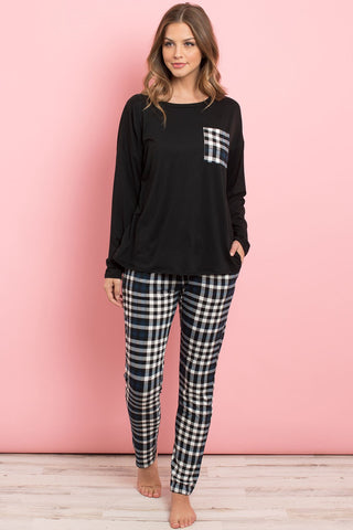 Solid Top Plaid Pocket and Joggers Set With Self Tie