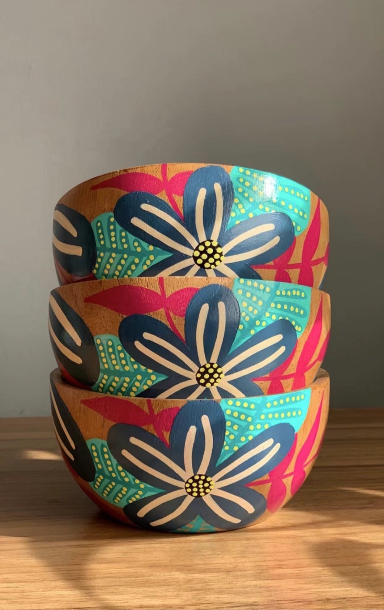 Handmade Solid Wooden Bowl  Hand Painted Bowl - Flor Verde