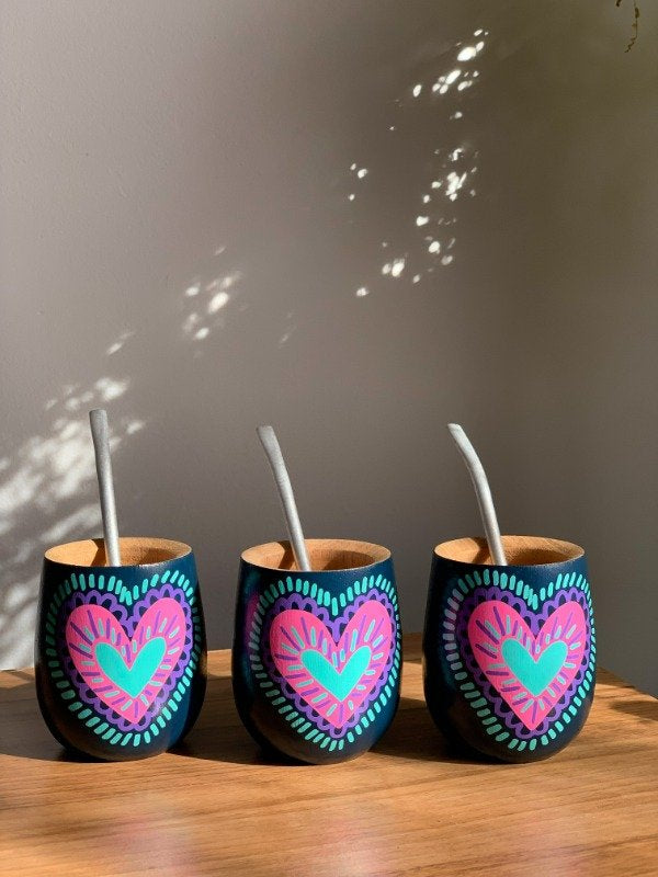 Handmade Solid Wood Hand Painted Cup - Cuore