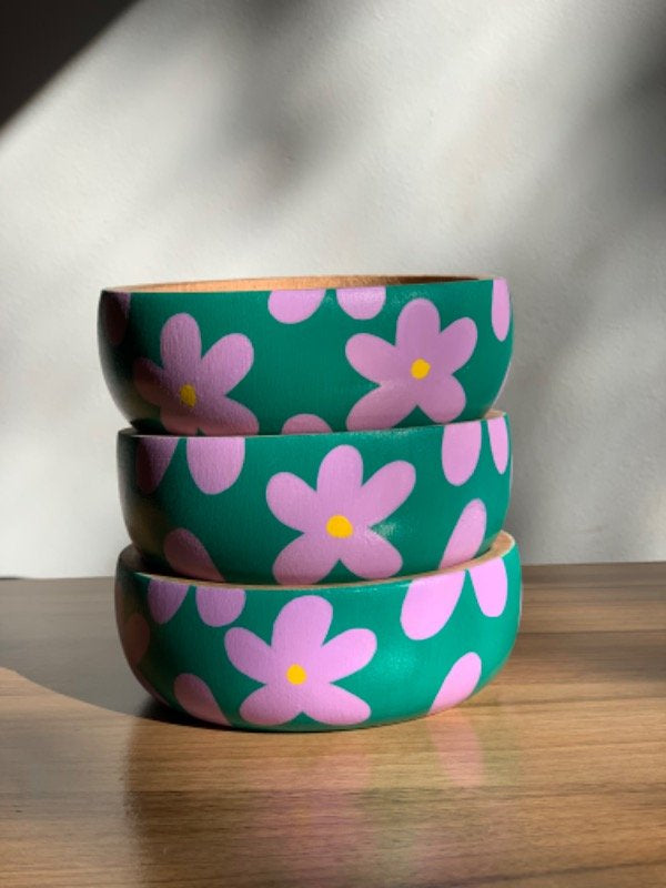 Handmade Solid Wooden Bowl  Hand Painted Bowl - Petunia