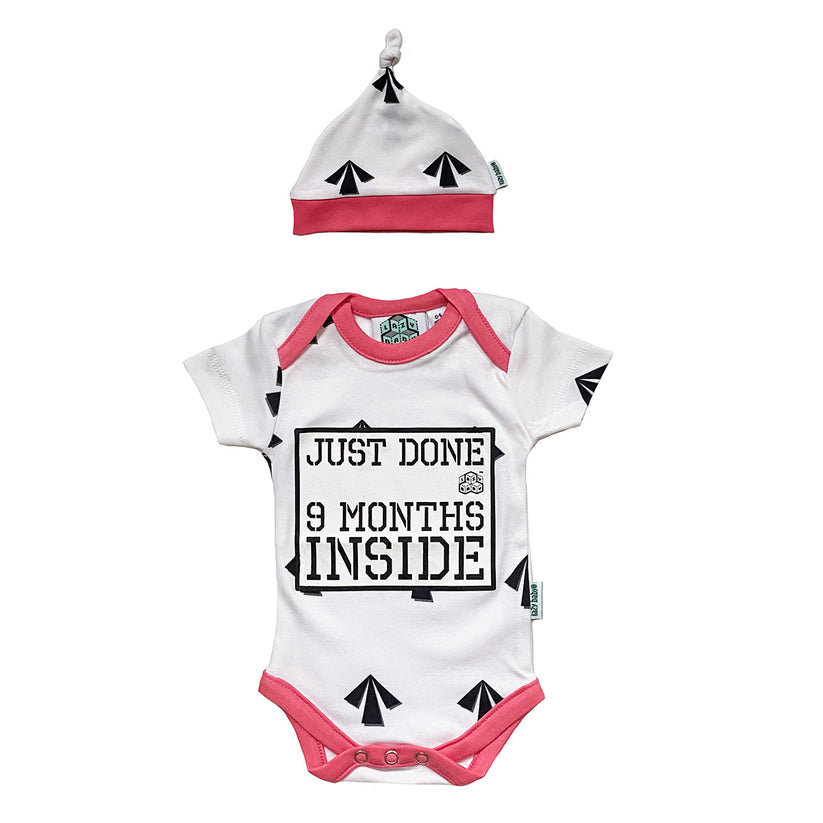 Baby Shower Gift -Just Done 9 Months Inside® Arrow Romper & Hat Gift Bundle