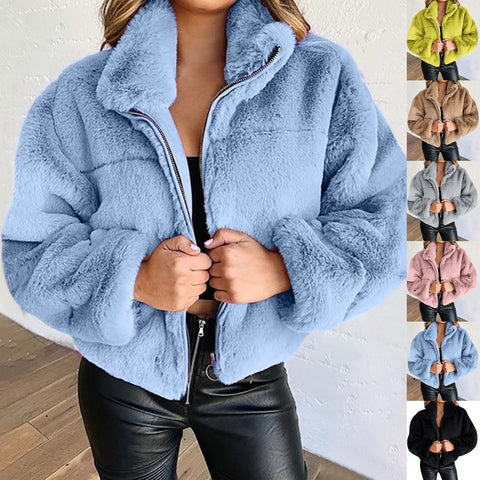 Plus Size Winter Women Clothing Ladies Short Coats Zipper Faux Fur Fluffy Fleece Winter Women Coat