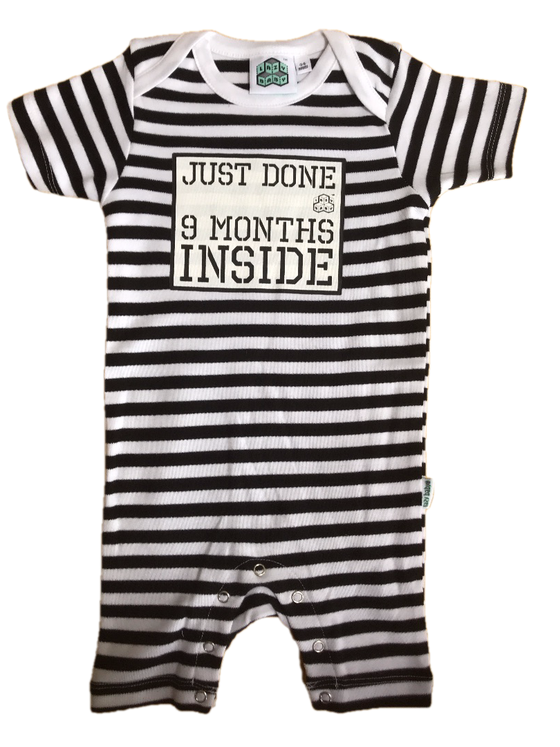 Baby Shower Gift Just Done 9 Months Inside® Short  Sleep Suit - Black/White by Lazy Baby®