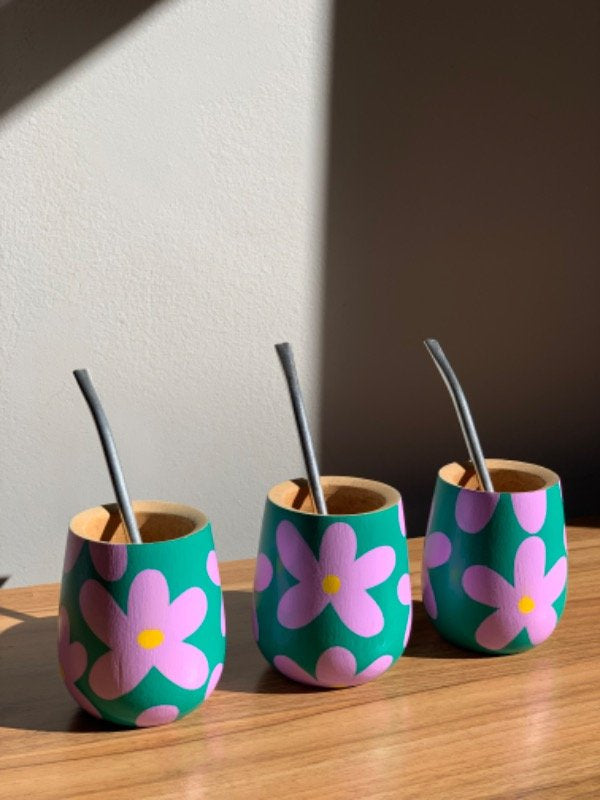 Handmade Solid Wood Hand Painted Cup - Petunia