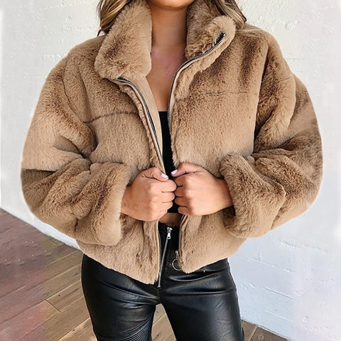 Plus Size Winter Women Clothing Ladies Short Coats Zipper Faux Fur Fluffy Fleece Winter Women Coat
