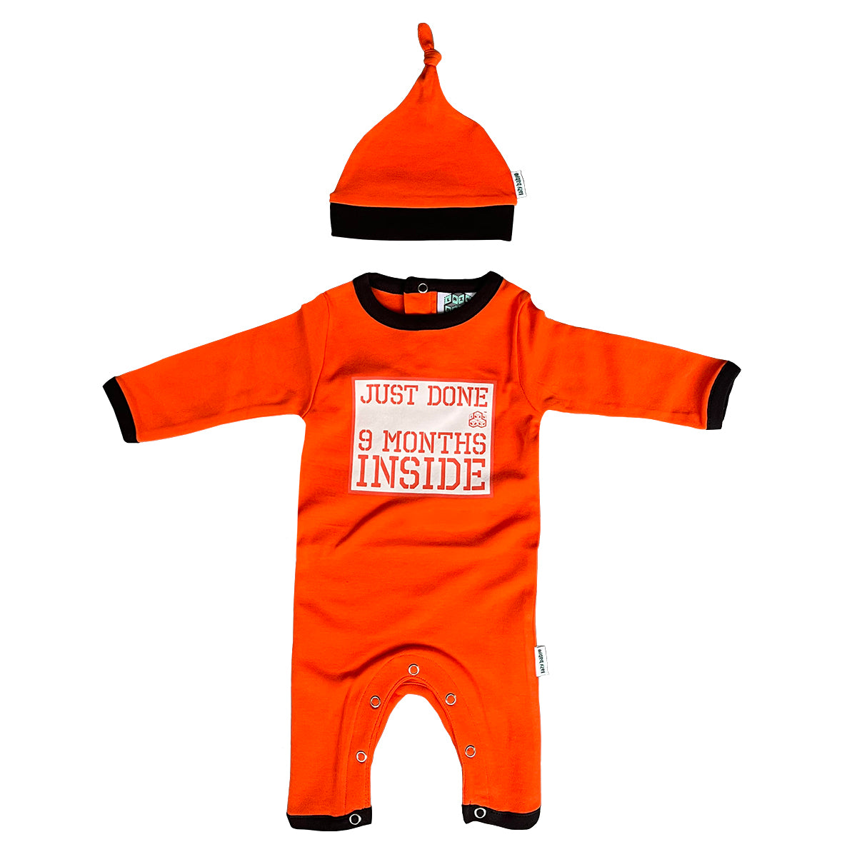 Just Done 9 Months Inside®Orange Baby Grow and Hat Bundle -Baby Shower Gift - Coming Home Outfit - Lazy Baby®