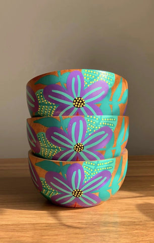 Handmade Solid Wooden Bowl  Hand Painted Bowl - Flor Violeta